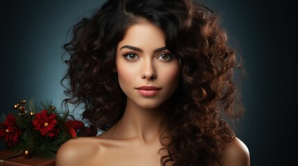 Fototapeta premium A woman with long, curly brown hair looks directly at the camera, her skin glowing with health and a touch of holiday cheer.