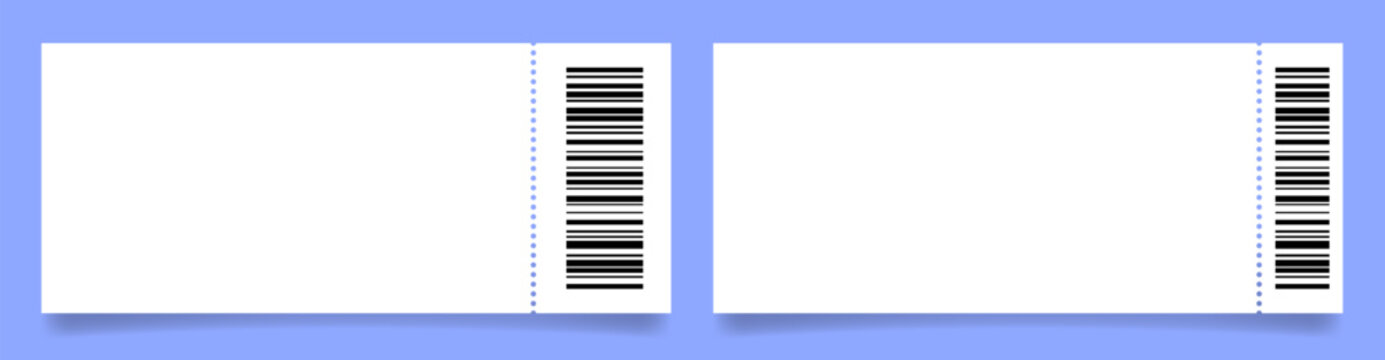 Large white ticket mockups with bar codes and shadows. Empty template. Concert, movie or theater ticket. Boarding blank, lottery, sale coupon
