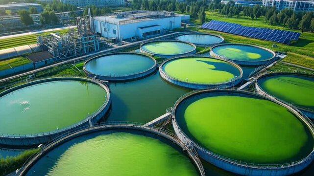 Aerial view of a wastewater treatment facility with multiple circular tanks surrounded by solar panels