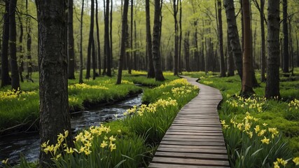 Obraz premium spring wooden pathway on a strange forest background