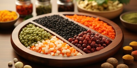 A wooden bowl filled with a variety of colorful and textured ingredients, showcasing a vibrant culinary experience