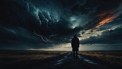 Fototapeta premium silhouette of a man from the back in the field against the clouds, looking into the distance