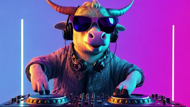 Cool Cow DJ with Headphones and Sunglasses Mixing Music on a Mixer Console.