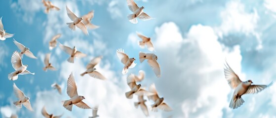 Obraz premium A flock of doves soars against a clear blue sky, their wings illuminated by sunlight, embodying freedom, peace, and unity.