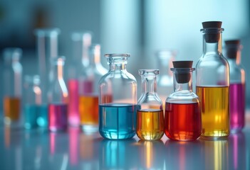 Colorful glass vials filled with various liquids in a laboratory setting during daylight hours, showcasing vibrant hues and scientific activity