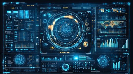 Obraz premium Futuristic user interface with a holographic display featuring global data, graphs, charts, and statistics.