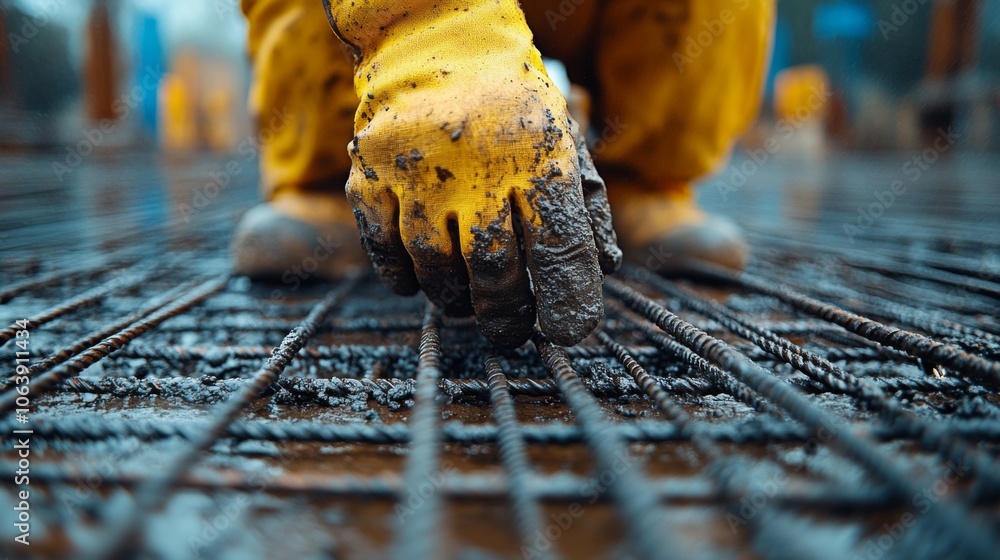 Poster a laborer in yellow gloves is carefully arranging rebar on a construction site, preparing for concre