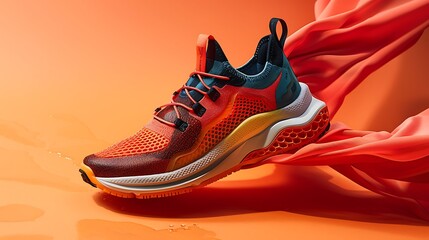 High-performance running sneakers set against a bold orange background, emphasizing their stability and cushioned design for a powerful, athletic look.