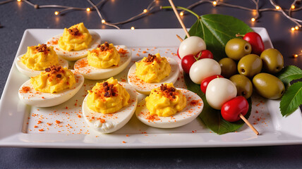 Holiday deviled eggs with festive garnish