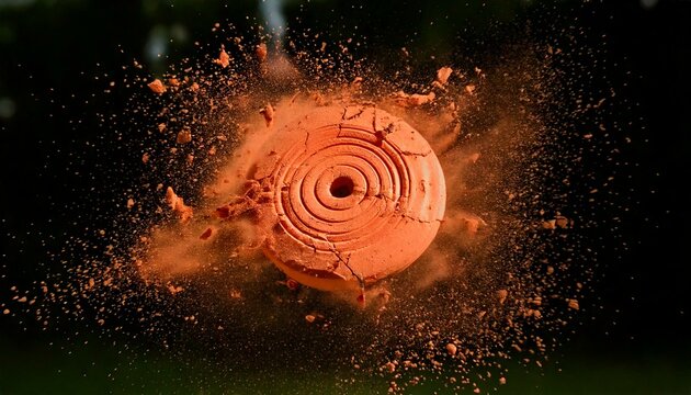 Orange Clay target busting in air into a million pieces, Skeet and trap target 