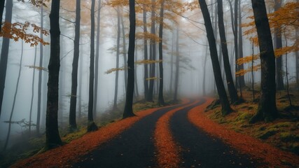 Obraz premium autumn pathway on a strange forest with morning fog background