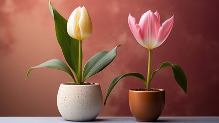 Obraz premium A single white tulip and a single pink tulip, both in separate pots, positioned side by side against a soft red background.