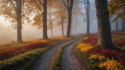 Fototapeta premium autumn pathway on a colorful meadow with morning fog background