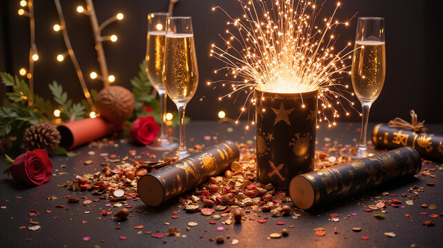 Champagne with sparkling holiday cracker and festive decor