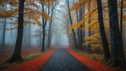 Fototapeta premium autumn pathway on a colorful forest with morning fog background