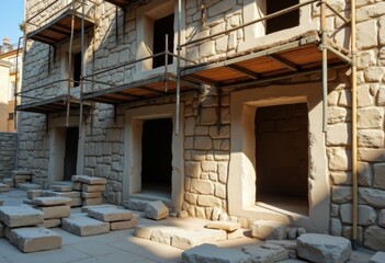 Fototapeta premium Construction of a rustic stone building with scaffolding in a historic location during daylight hours