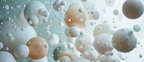 Suspended spherical particles in soft hues float gracefully, embodying weightlessness and abstract elegance.