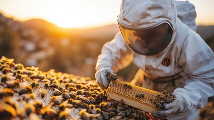 Beekeeper Working in a Beehive Farm at Sunset &ndash; Tending to Bees with a Hive Frame Against Mountain Backdrop

