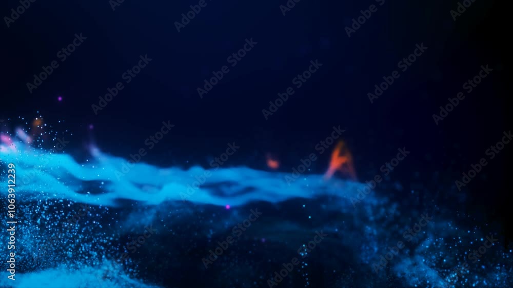 Poster abstract moving futuristic landscape of particles and dots of energy magic with glow and blur effect