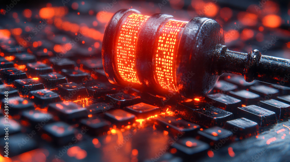 Poster wooden gavel with binary code on a glowing keyboard, symbolizing digital law enforcement