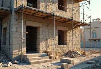Construction of a stone house surrounded by scaffolding on a sunny day in a residential neighborhood