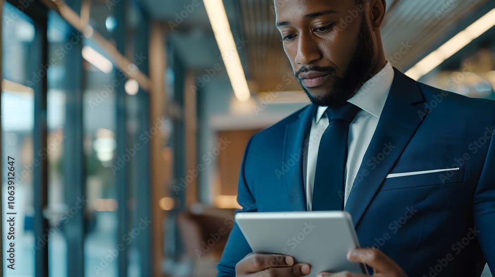 Poster professional man using tablet in modern workspace