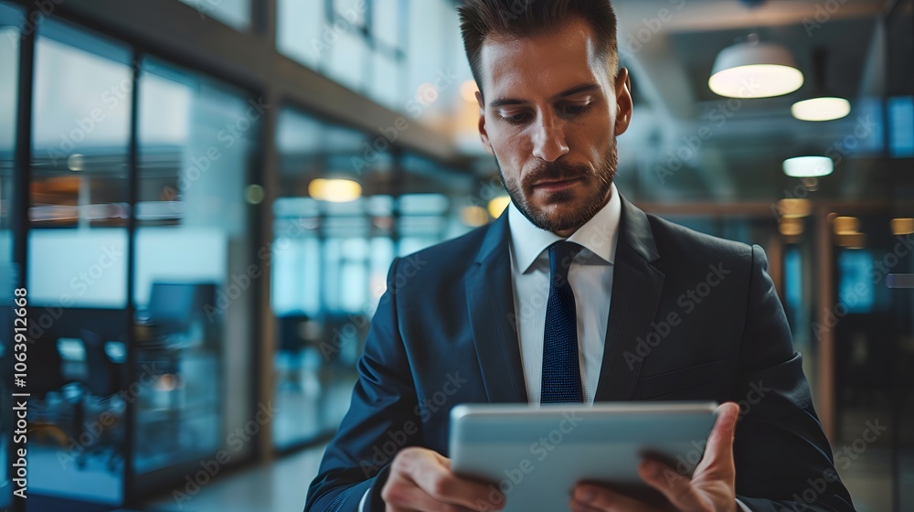 Poster professional man using tablet in modern office setting