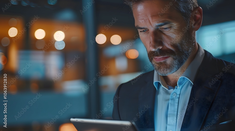 Poster professional man using tablet in modern workspace