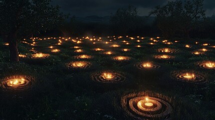 A serene nighttime landscape filled with circular patterns of softly glowing lights. These lights emerge from circular arrangements of what appears to be hay or similar organic material, contrasting a