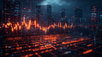 A bustling city skyline comes to life at night, highlighted by illuminated buildings and vibrant digital sound waves overlaying the scene, reflecting a blend of urban life and technology.