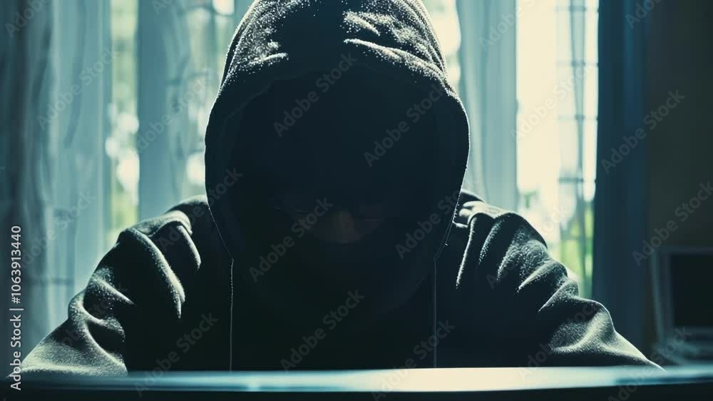 Poster hacker in a dark hoodie accesses sensitive data on a computer, showing the dangers of cybercrime and