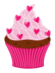 Festive chocolate cupcake with pink cream and heart shaped sprinkles on white background