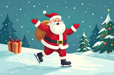 Fototapeta premium A cartoon Santa Claus on ice skates carrying a bag of presents
