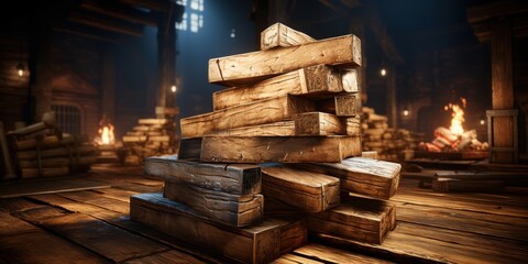 A stack of weathered wooden beams arranged in a rustic interior setting with a fire burning in the background.