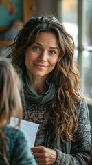 Smiling woman with long hair sitting at table with two girls