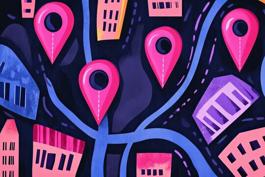 Bright pink and purple map illustration with location markers for navigation and travel themes