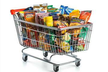 Grocery shopping basket with food items isolated on a white background, 3D rendering illustration.