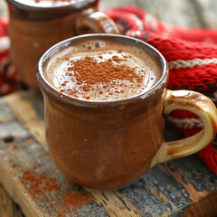 A mug of hot chocolate topped with cinnamon sits on a wooden table. The mug has a rustic brown...