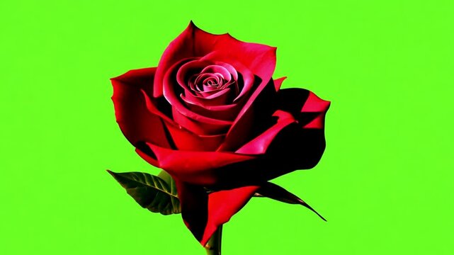Red rose 3D animation on green screen background. Beautiful fresh red rose close up. Spa concept. Wedding, Birthday, Valentines day, Mothers day concept. Chroma key 4k video
