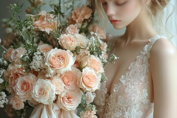 Naklejka premium Hyper-feminine design with vintage floral patterns, soft pastel colors, roses and delicate bows. Generative AI