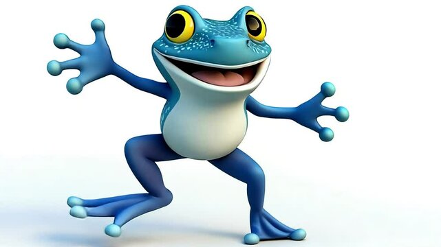 Happy blue cartoon frog with a big smile standing on a white background.