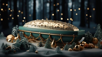 A golden and teal decorative container resting upon a golden sleigh amidst a snowy winter forest scene