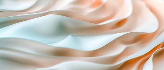 Fototapeta premium Smooth waves of pastel fabric, blending peach and white hues, create an elegant and calming visual flow reminiscent of gentle ripples.