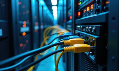 A collection of numerous wires is intricately connected to a server housed within a specialized data center designed for optimal performance and security