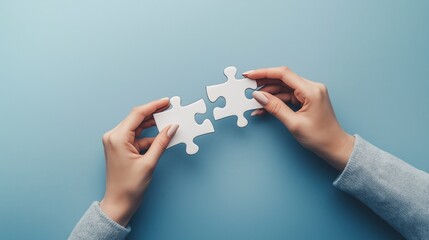 Man and woman's hands connecting two puzzle pieces on a blue background