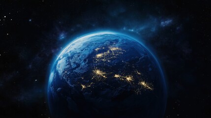 Aerial view of Earth from space with glowing city lights 