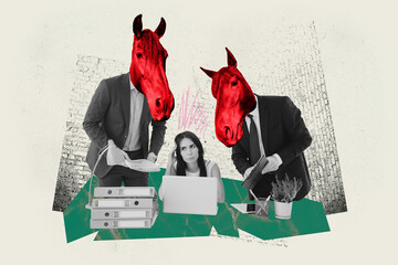 Composite trend artwork 3D sketch image photo collage of young man colleagues stand head animal farm stress job young lady boss task