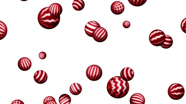 Falling Christmas red and white balls on transparent backgrounds. Xmas baubles animated in seamless loops