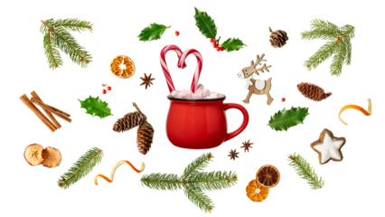 Red cup chocolate drink with marshmallow, candy canes and Christmas decor. Fir branches, holly berry, cones, dried apple and orange slices, cinnamon sticks, anis stars isolated on white