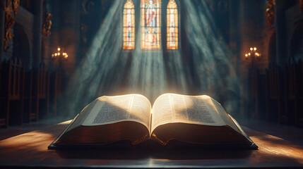 open bible in a church with sunbeams